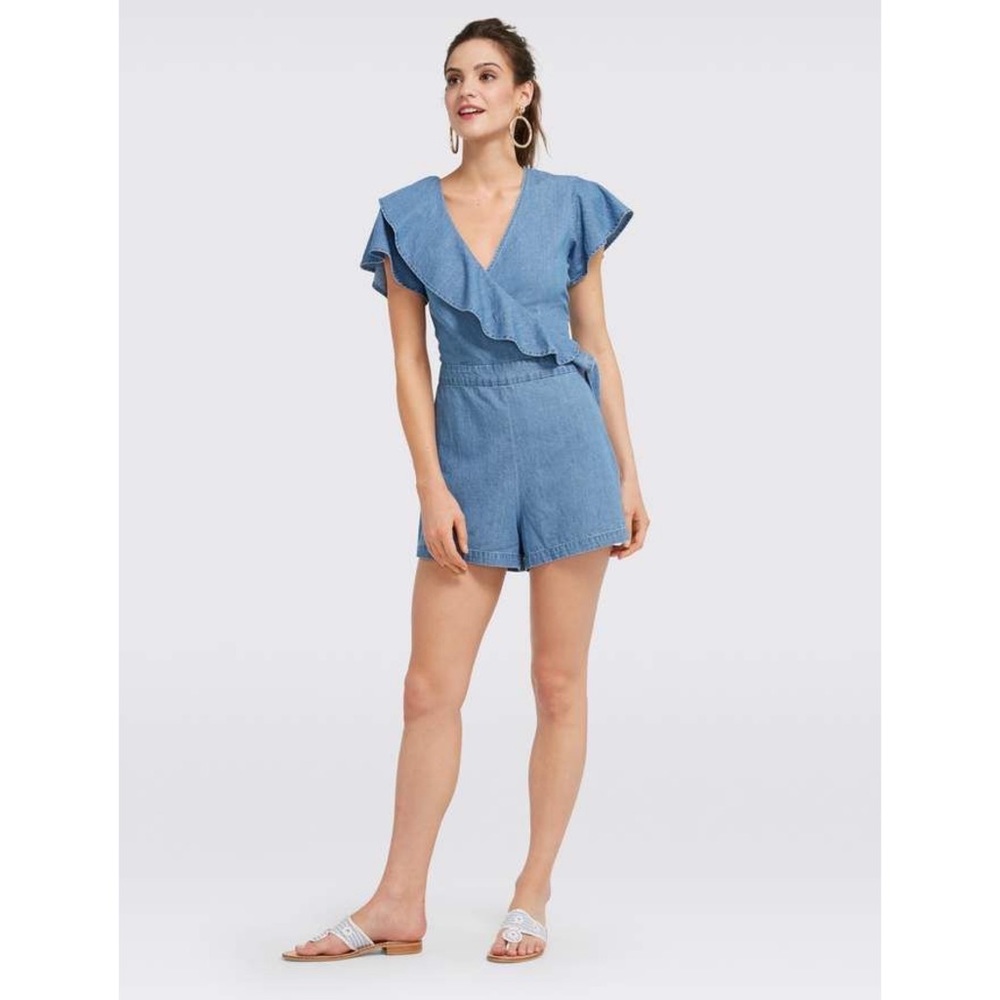 Draper James Blue Chambray Flutter Wrap Romper - image 1